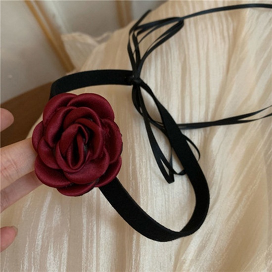 Picture of Velvet Japanese Style Lacing Ribbon Choker Necklace Wine Red Flower 35cm(13 6/8") long, 1 Piece