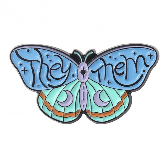 Picture of Insect Pin Brooches Butterfly Animal Moon Message " THEY & THEM " Blue Enamel 2.8cm x 1.5cm, 1 Piece