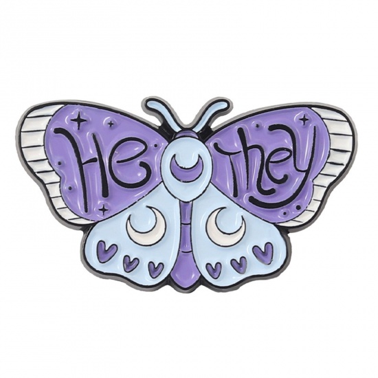 Picture of Insect Pin Brooches Butterfly Animal Moon Message " HE & THEY " Purple Enamel 2.8cm x 1.6cm, 1 Piece