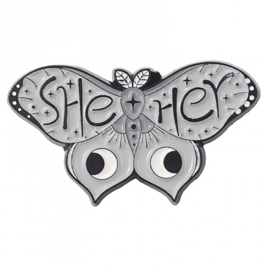 Picture of Insect Pin Brooches Butterfly Animal Eye Message " SHE & HER " Gray Enamel 2.8cm x 1.5cm, 1 Piece