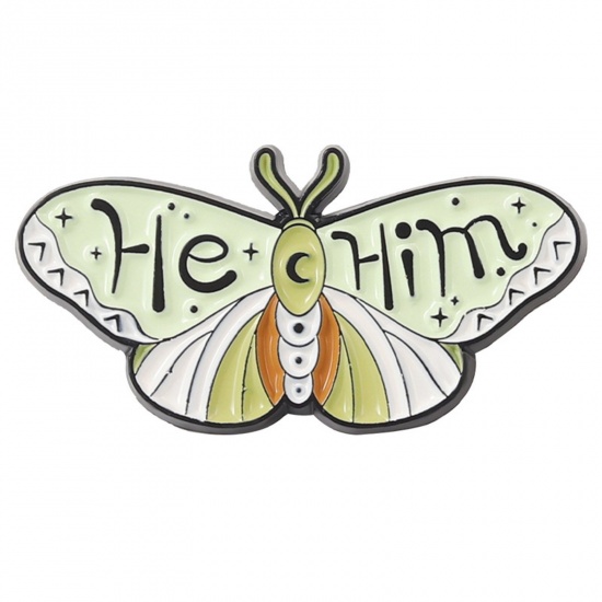 Picture of Insect Pin Brooches Butterfly Animal Moon Message " HE & HIM " Green Enamel 2.8cm x 1.3cm, 1 Piece