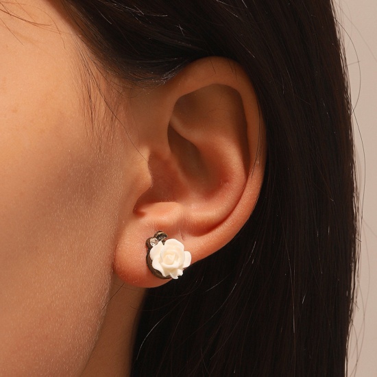 Picture of Resin Stylish Ear Post Stud Earrings Antique Bronze White Flower Clear Rhinestone 1.2cm x 1.2cm, 1 Pair