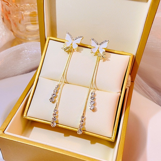 Picture of Insect Tassel Earrings Butterfly Animal Gold Plated White Enamel Clear Cubic Zirconia 7.8cm x 1.3cm, 1 Pair