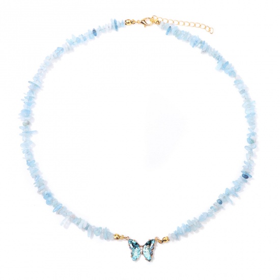Picture of Aquamarine Insect Beaded Necklace Gold Plated Aqua Blue Chip Beads Butterfly 45cm(17 6/8") long, 1 Piece