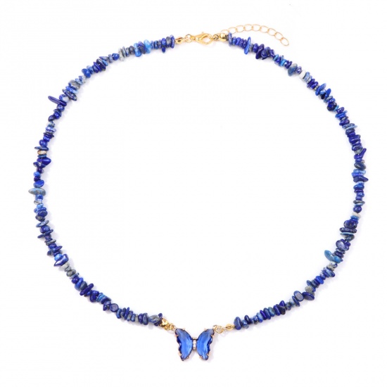 Immagine di Lapis Insetto Collana di Perline Oro Placcato Blu Scuro Scheggia di Perle Farfalla 45cm Lunghezza, 1 Pz