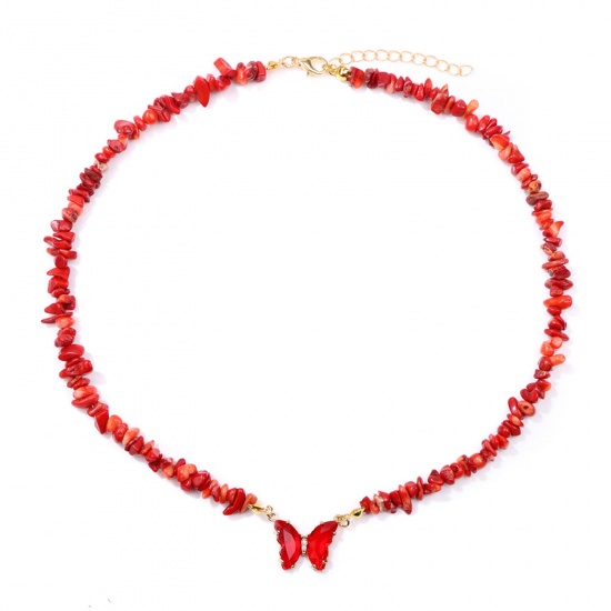 Picture of Coral Insect Beaded Necklace Gold Plated Red Chip Beads Butterfly 45cm(17 6/8") long, 1 Piece
