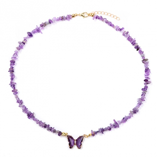 Immagine di Ametista Insetto Collana di Perline Oro Placcato Colore Viola Scheggia di Perle Farfalla 45cm Lunghezza, 1 Pz