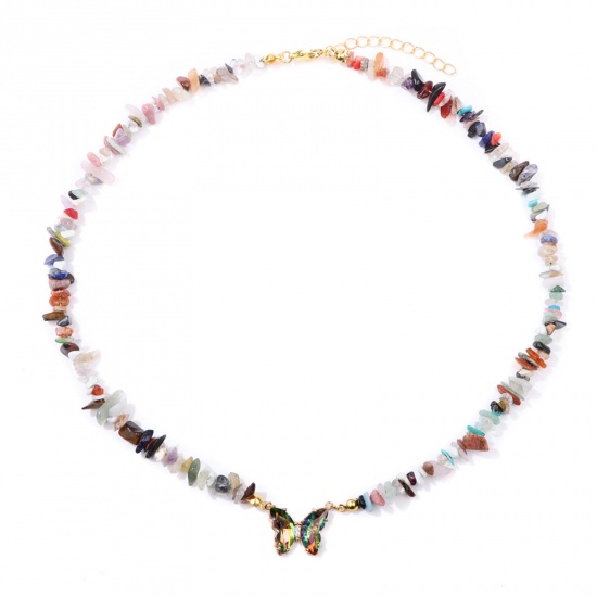 Picture of Gemstone Insect Beaded Necklace Gold Plated Multicolor Chip Beads Butterfly 45cm(17 6/8") long, 1 Piece