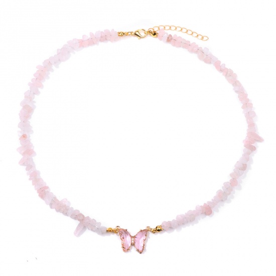 Immagine di Quarzo Rosa Insetto Collana di Perline Oro Placcato Rosa Scheggia di Perle Farfalla 45cm Lunghezza, 1 Pz