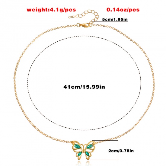 Picture of Insect Pendant Necklace Gold Plated Butterfly Animal Green Rhinestone 41cm(16 1/8") long, 1 Piece