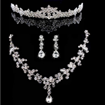 Wedding Jewelry Set Silver Tone Drop Crown 38cm(15") long, 4cm, 1 Set