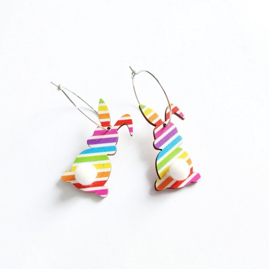 Picture of Wood Easter Day Earrings Silver Tone Multicolor Rabbit Animal Stripe 5.5cm x 1.8cm, 1 Pair