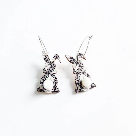 Picture of Wood Easter Day Earrings Silver Tone Black & White Rabbit Animal Leopard Print 5.5cm x 1.8cm, 1 Pair