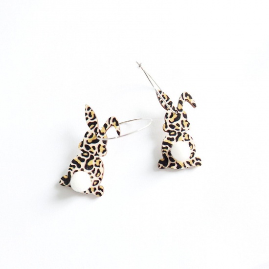 Picture of Wood Easter Day Earrings Silver Tone Black & Coffee Rabbit Animal Leopard Print 5.5cm x 1.8cm, 1 Pair
