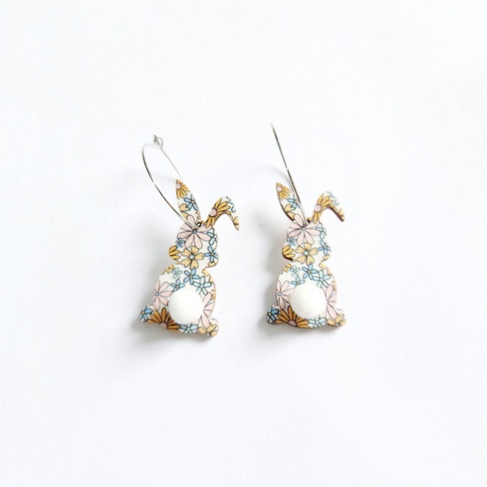 Picture of Wood Easter Day Earrings Silver Tone Multicolor Rabbit Animal Flower 5.5cm x 1.8cm, 1 Pair