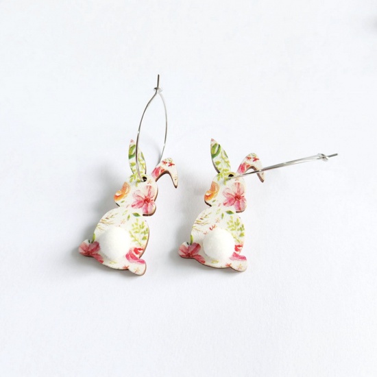 Picture of Wood Easter Day Earrings Silver Tone Multicolor Rabbit Animal Flower 5.5cm x 1.8cm, 1 Pair