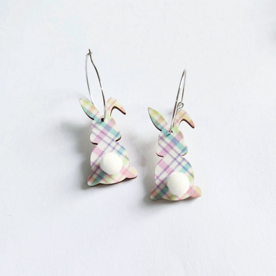Picture of Wood Easter Day Earrings Silver Tone Multicolor Rabbit Animal Grid Checker 5.5cm x 1.8cm, 1 Pair