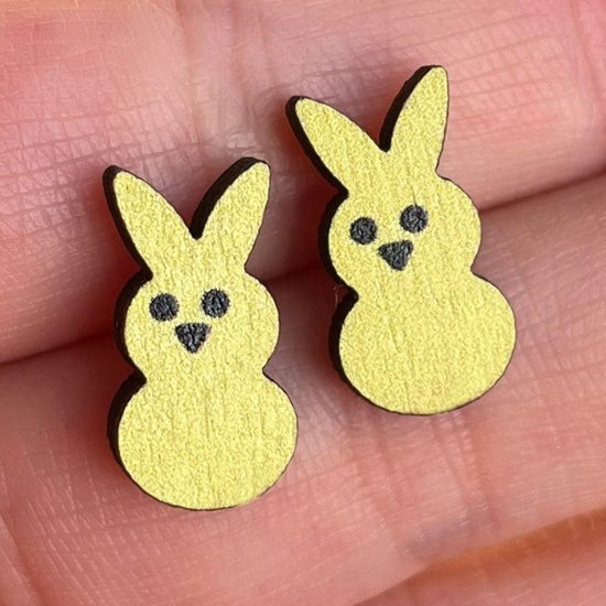 Picture of Wood Easter Day Ear Post Stud Earrings Yellow Rabbit Animal 1.6cm, 1 Pair