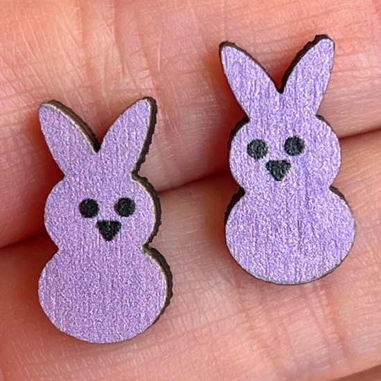Picture of Wood Easter Day Ear Post Stud Earrings Purple Rabbit Animal 1.6cm, 1 Pair
