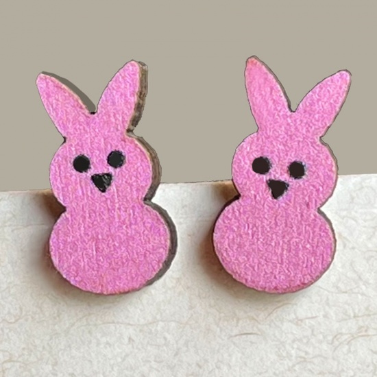 Picture of Wood Easter Day Ear Post Stud Earrings Fuchsia Rabbit Animal 1.6cm, 1 Pair