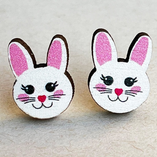 Picture of Wood Easter Day Ear Post Stud Earrings White & Fuchsia Rabbit Animal 1.6cm, 1 Pair