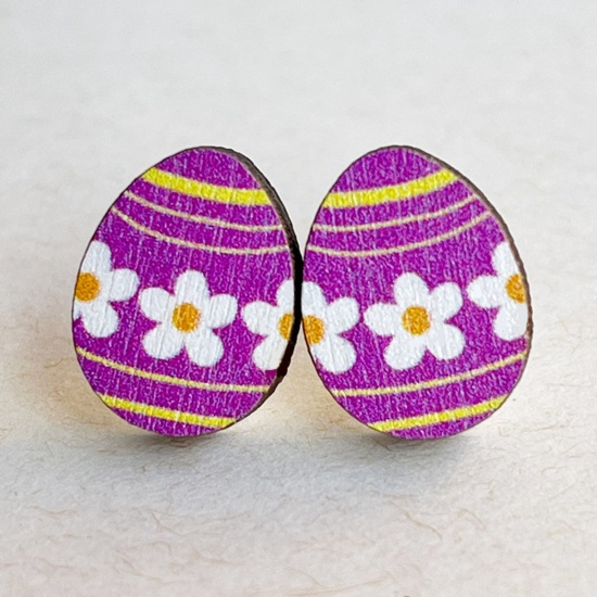 Picture of Wood Cute Ear Post Stud Earrings Multicolor Easter Egg 1.6cm, 1 Pair