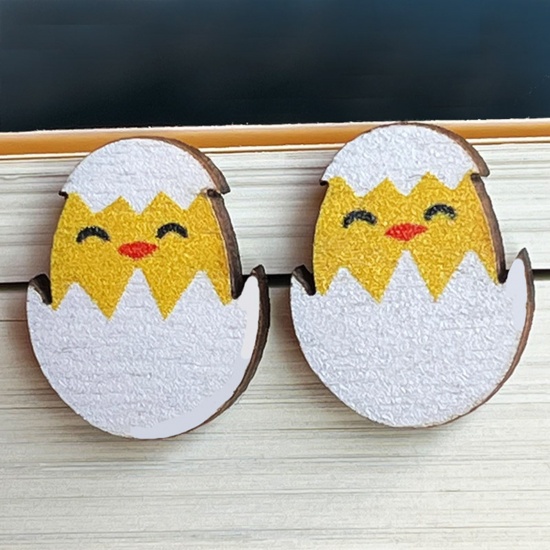 Picture of Wood Easter Day Ear Post Stud Earrings White & Yellow Chicken 1.6cm, 1 Pair