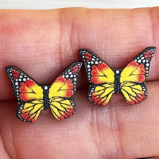 Picture of Wood Easter Day Ear Post Stud Earrings Multicolor Butterfly Animal 1.6cm, 1 Pair