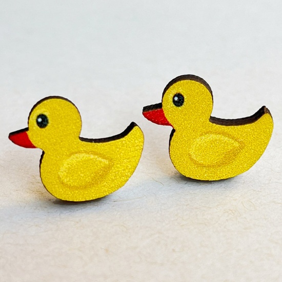 Picture of Wood Easter Day Ear Post Stud Earrings Yellow Duck Animal 1.6cm, 1 Pair