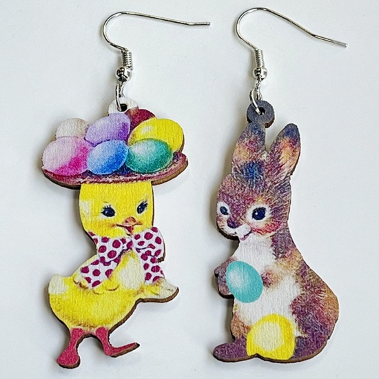 Picture of Wood Easter Day Asymmetric Earrings Silver Tone Multicolor Duck Animal Rabbit 7.3cm, 1 Pair
