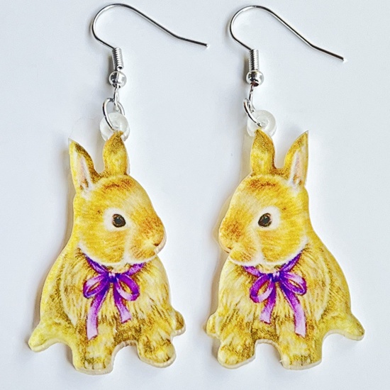 Picture of Acrylic Easter Day Ear Wire Hook Earrings Silver Tone Multicolor Rabbit Animal 6cm, 1 Pair