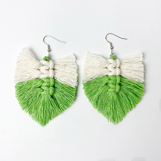 Picture of Cotton St Patrick's Day Ear Wire Hook Earrings Silver Tone White & Green Heart Tassel 8cm, 1 Pair