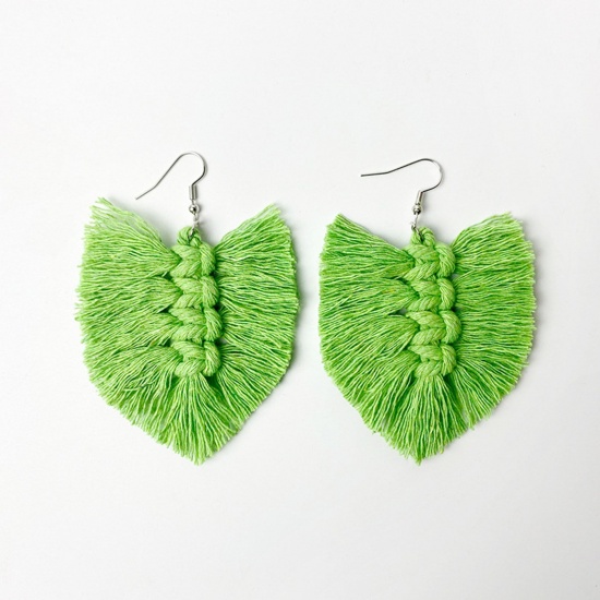 Picture of Cotton St Patrick's Day Ear Wire Hook Earrings Silver Tone Green Heart Tassel 8cm, 1 Pair