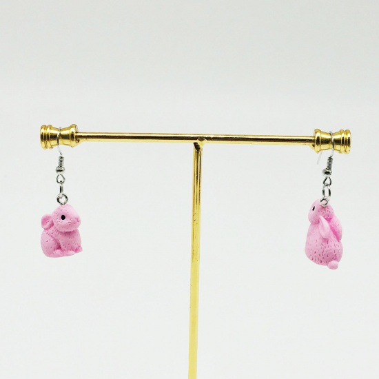Picture of Resin Easter Day Ear Wire Hook Earrings Silver Tone Pink Rabbit Animal 2.5cm x 2cm, 1 Pair