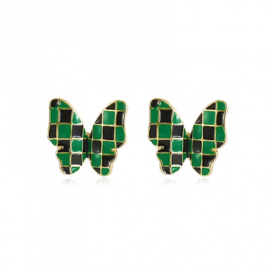 Picture of Insect Ear Post Stud Earrings Butterfly Animal Grid Checker Enamel 17mm x 17mm, 1 Pair