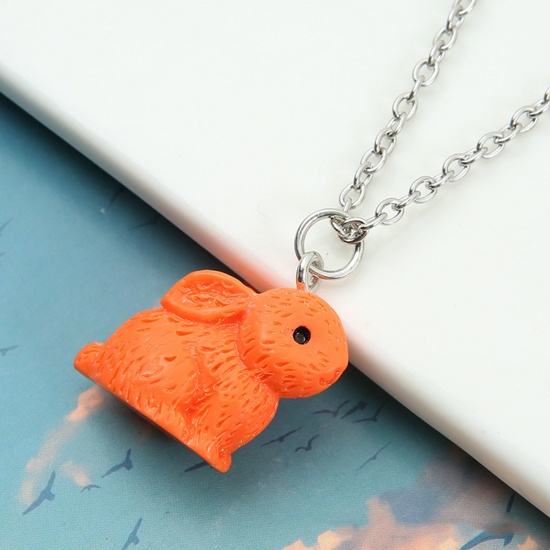 Picture of Resin Easter Day Pendant Necklace Silver Tone Orange Rabbit Animal Painted 44cm(17 3/8") long, 1 Piece
