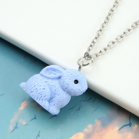 Picture of Resin Easter Day Pendant Necklace Silver Tone Blue Rabbit Animal Painted 44cm(17 3/8") long, 1 Piece