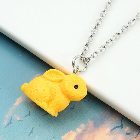 Picture of Resin Easter Day Pendant Necklace Silver Tone Yellow Rabbit Animal Painted 44cm(17 3/8") long, 1 Piece