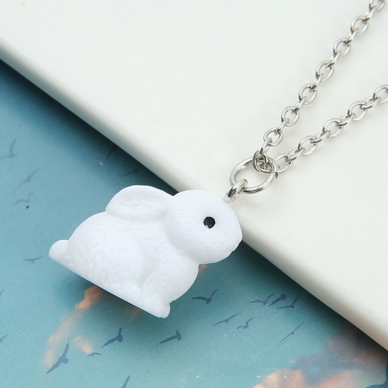 Picture of Resin Easter Day Pendant Necklace Silver Tone White Rabbit Animal Painted 44cm(17 3/8") long, 1 Piece