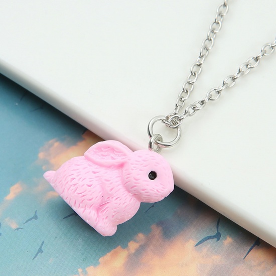 Picture of Resin Easter Day Pendant Necklace Silver Tone Pink Rabbit Animal Painted 44cm(17 3/8") long, 1 Piece