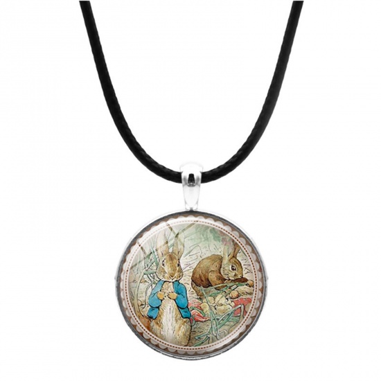 Picture of Glass Easter Day Pendant Necklace Silver Tone Round Rabbit 43cm(16 7/8") long, 1 Piece