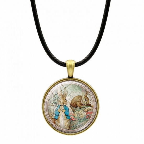 Picture of Glass Easter Day Pendant Necklace Antique Bronze Round Rabbit 43cm(16 7/8") long, 1 Piece