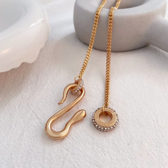Picture of Stylish Pendant Necklace Gold Plated Circle Ring Snake Clear Rhinestone 52cm(20 4/8") long, 1 Piece