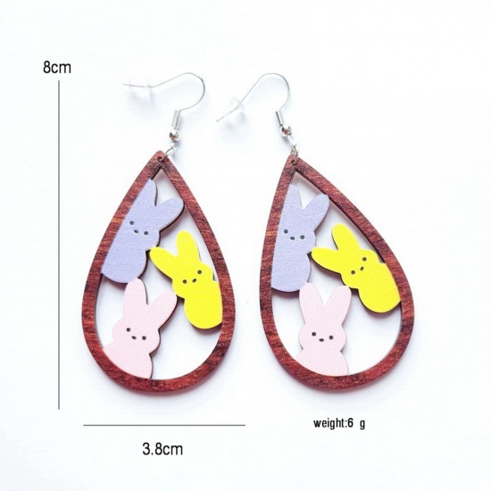 Picture of Wood Easter Day Ear Wire Hook Earrings Silver Tone Multicolor Oval Rabbit Hollow 8cm x 3.8cm, 1 Pair