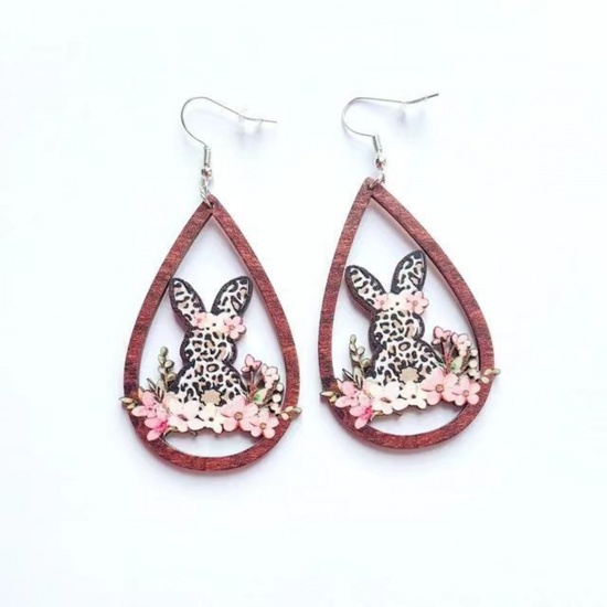 Picture of Wood Easter Day Ear Wire Hook Earrings Silver Tone Multicolor Oval Flower Hollow 8cm x 3.8cm, 1 Pair