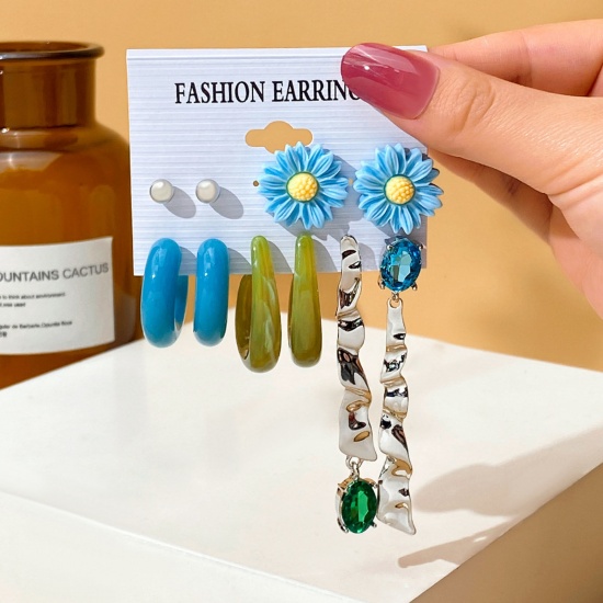 Picture of Resin Stylish Earrings Blue Circle Ring Daisy Flower Green Rhinestone Imitation Pearl 2cm-10cm, 1 Set ( 5 Pairs/Set)
