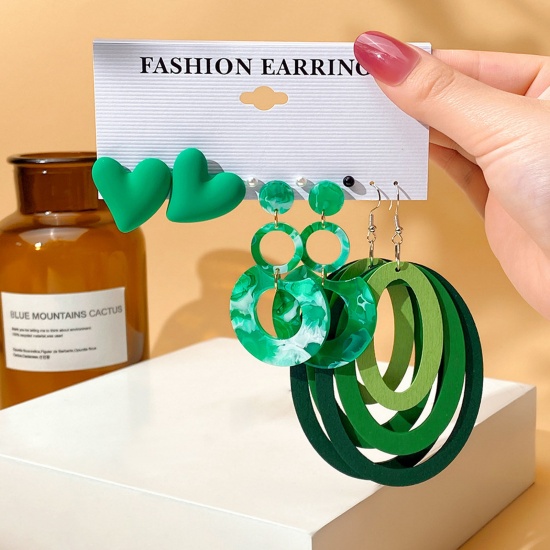 Picture of Resin Stylish Earrings Green Circle Ring Heart 2cm-10cm, 1 Set ( 4 Pairs/Set)
