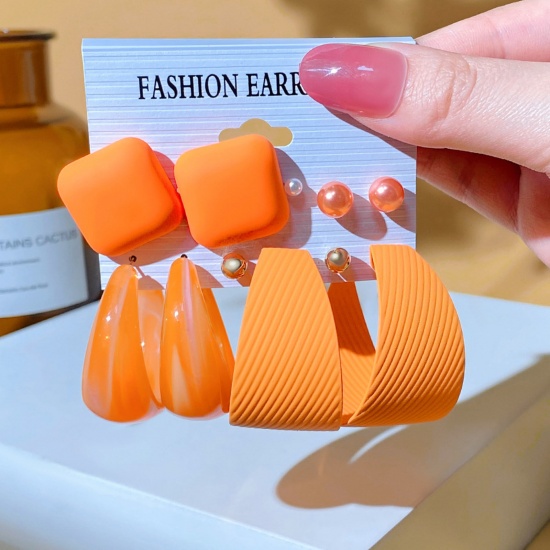 Picture of Resin Stylish Earrings Orange Square Circle Ring 2cm-10cm, 1 Set ( 5 Pairs/Set)