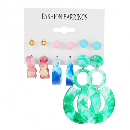 Picture of Resin Stylish Earrings Mint Green Circle Ring 2cm-10cm, 1 Set ( 6 Pairs/Set)