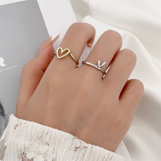 Picture of Stylish Open Adjustable Rings Gold Plated & Silver Tone Heart Hollow 17mm(US Size 6.5), 1 Set ( 2 PCs/Set)